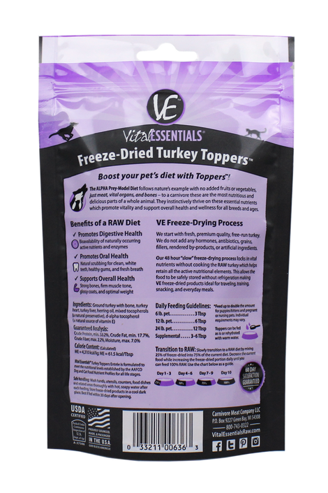 Vital Essentials Freeze Dried Turkey Toppers for Cats and Dogs Food