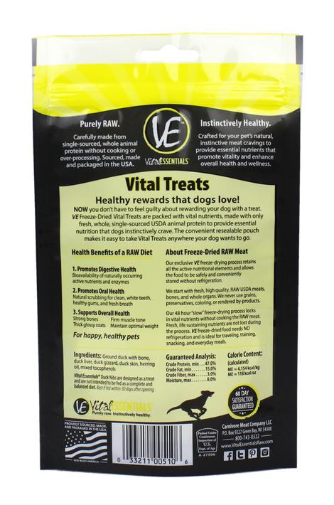 Vital Essentials Freeze Dried Vital Treats Grain Free Duck Nibs Dog Treats