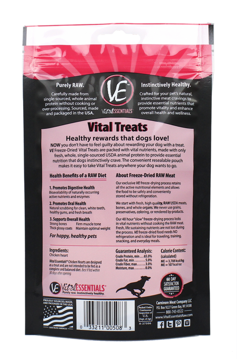 Vital Essentials Freeze Dried Vital Treats Grain Free Chicken Hearts Dog Treats