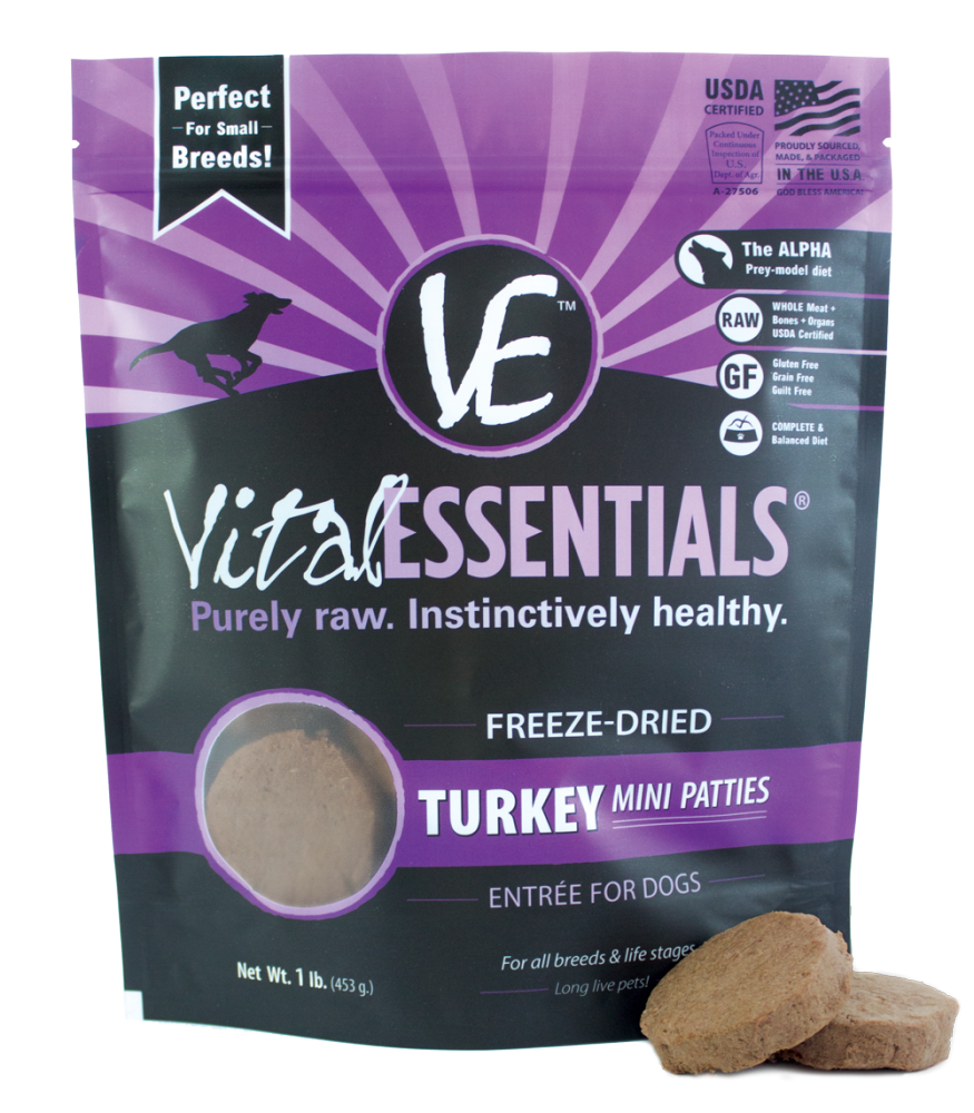 Vital Essentials Freeze Dried Grain Free Turkey Mini Patties Entree for Dogs Food