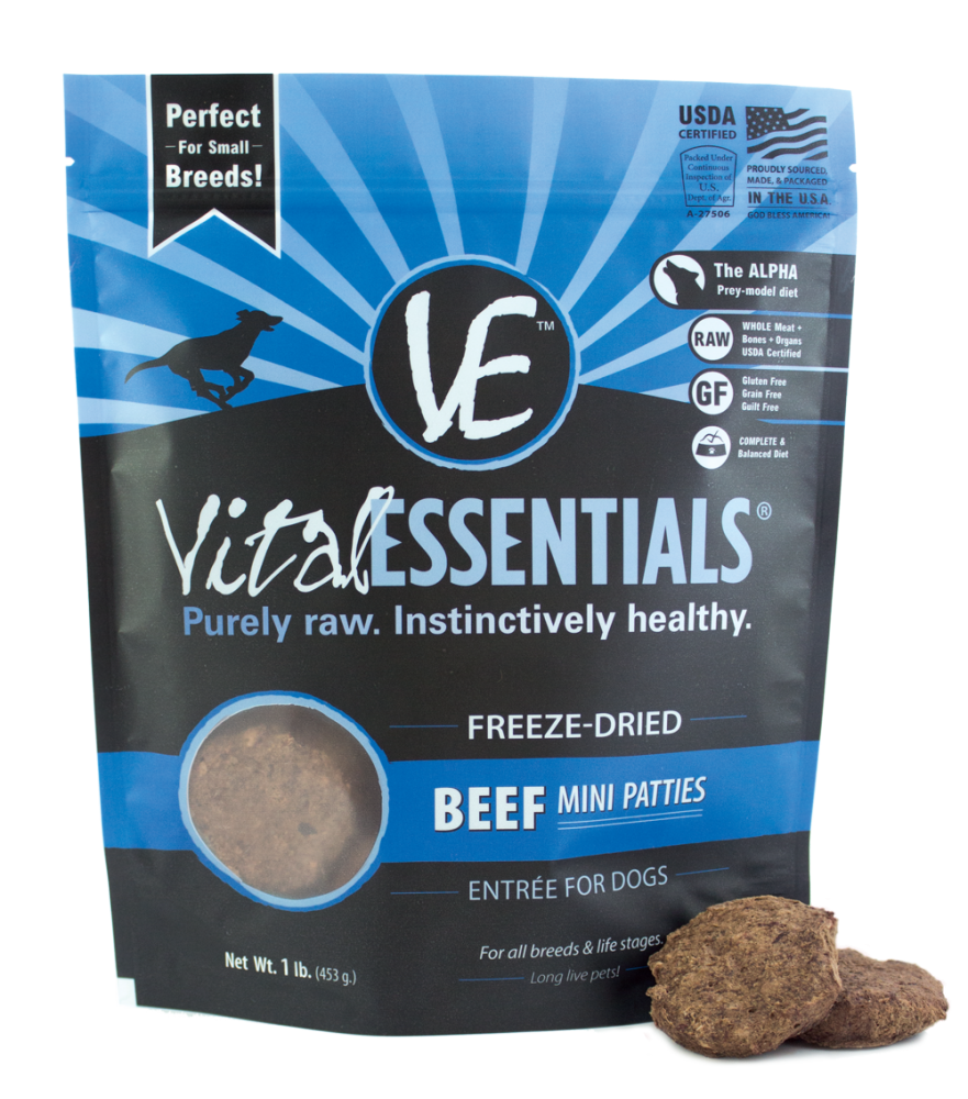 Vital Essentials Freeze Dried Beef Grain Free Mini Patties Entree for Dogs Food